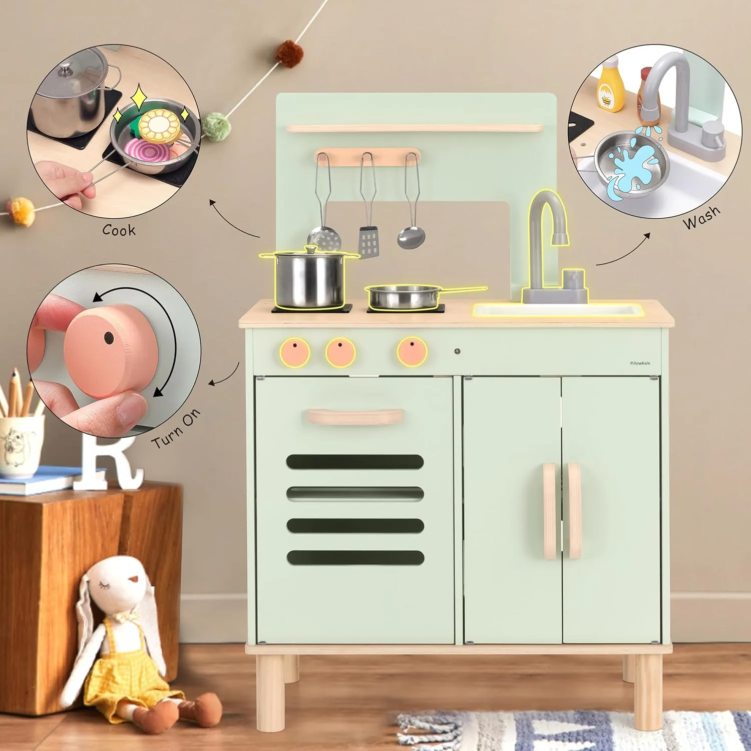 Wooden Play Kitchen Set, Mint Green Stove & Sink with 5 Stainless Steel Tools, Click Knobs, Storage Cabinets, Montessori Toy for Toddlers 3 