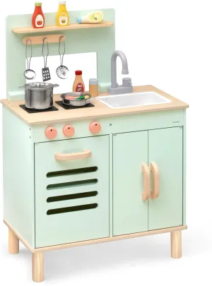 Wooden Play Kitchen Set, Mint Green Stove & Sink with 5 Stainless Steel Tools, Click Knobs, Storage Cabinets, Montessori Toy for Toddlers 3 