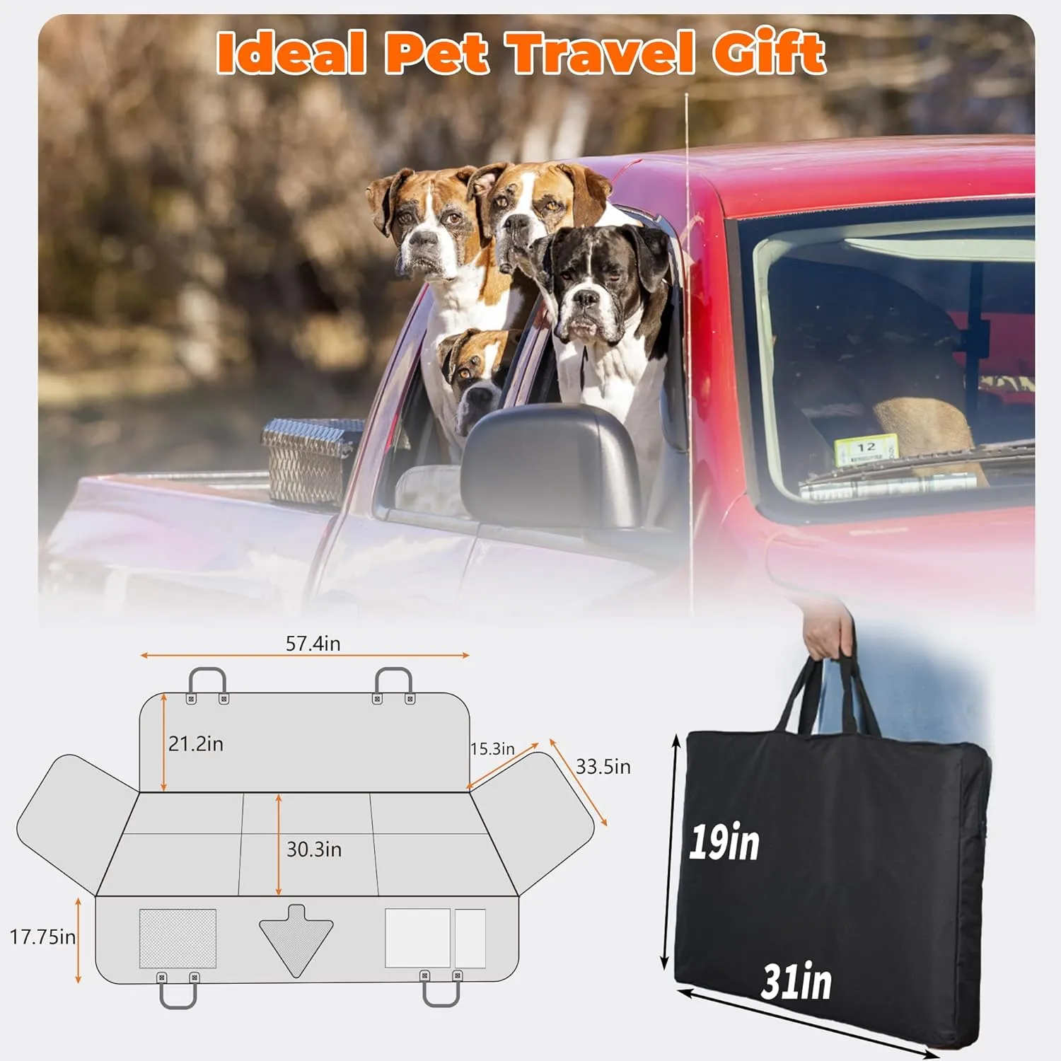 XL Dog Car Back Seat Cover for Trucks, Truck Bed Extender with 6 Foldable Boards, Pet Backseat Hammock Hard Bottom Waterproof for Full Size Crew Cab Car Like F150 RAM 1500, Silverado, Gray
