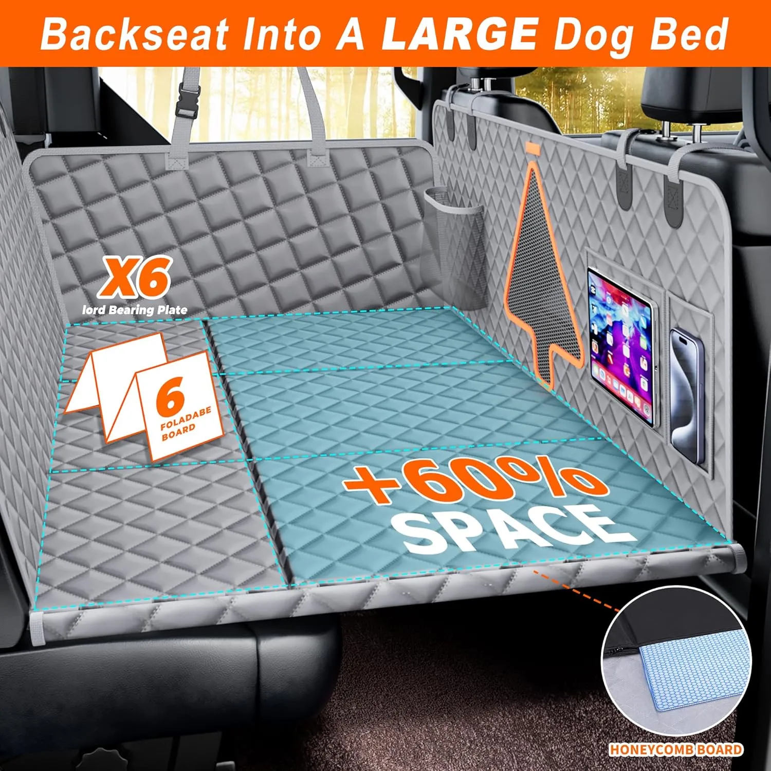 XL Dog Car Back Seat Cover for Trucks, Truck Bed Extender with 6 Foldable Boards, Pet Backseat Hammock Hard Bottom Waterproof for Full Size Crew Cab Car Like F150 RAM 1500, Silverado, Gray