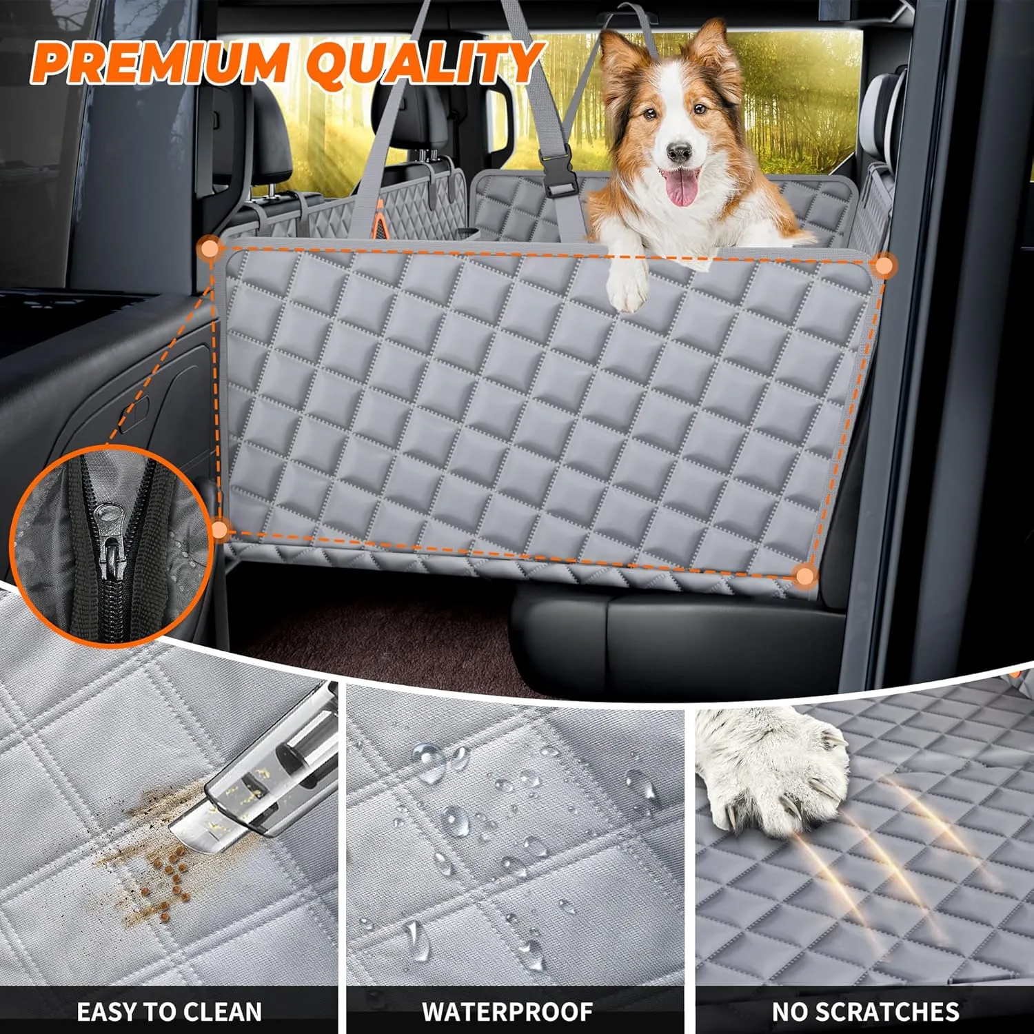 XL Dog Car Back Seat Cover for Trucks, Truck Bed Extender with 6 Foldable Boards, Pet Backseat Hammock Hard Bottom Waterproof for Full Size Crew Cab Car Like F150 RAM 1500, Silverado, Gray