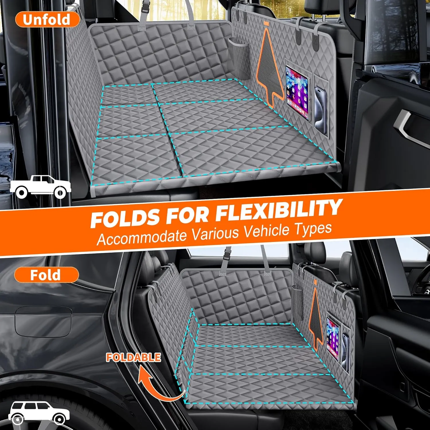 XL Dog Car Back Seat Cover for Trucks, Truck Bed Extender with 6 Foldable Boards, Pet Backseat Hammock Hard Bottom Waterproof for Full Size Crew Cab Car Like F150 RAM 1500, Silverado, Gray