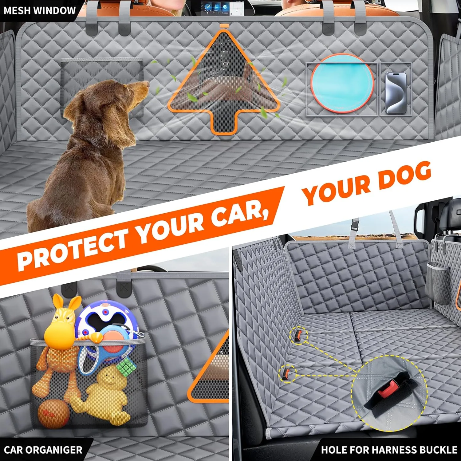XL Dog Car Back Seat Cover for Trucks, Truck Bed Extender with 6 Foldable Boards, Pet Backseat Hammock Hard Bottom Waterproof for Full Size Crew Cab Car Like F150 RAM 1500, Silverado, Gray