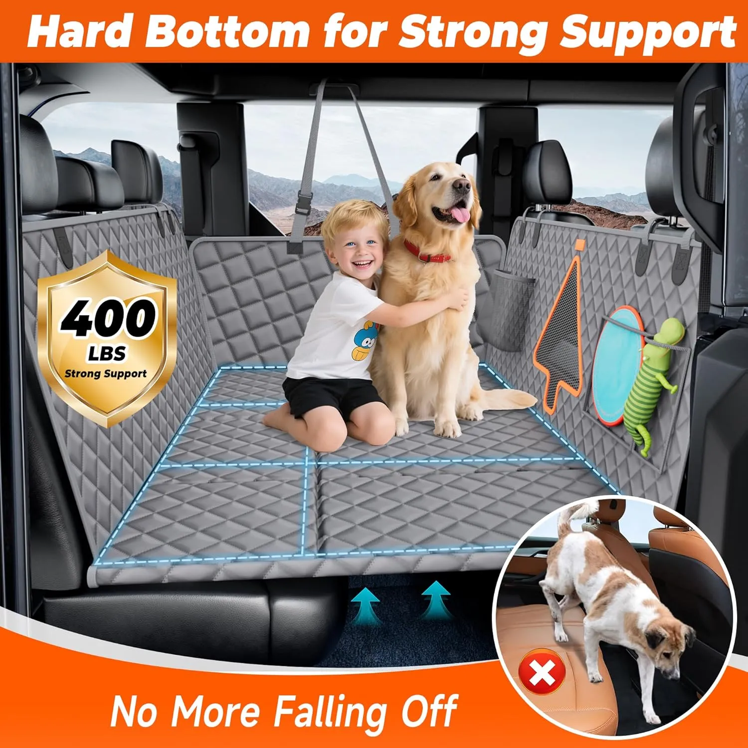 XL Dog Car Back Seat Cover for Trucks, Truck Bed Extender with 6 Foldable Boards, Pet Backseat Hammock Hard Bottom Waterproof for Full Size Crew Cab Car Like F150 RAM 1500, Silverado, Gray