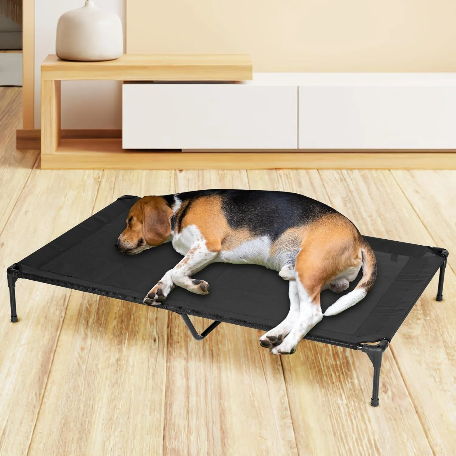 XL Elevated Cooling Outdoor Dog Bed - Raised Dog Cots Beds for Large Dogs, Portable Indoor & Outdoor Pet Hammock Bed with Skid-Resistant Feet, Frame with Breathable Mesh, Black, 49 inches
