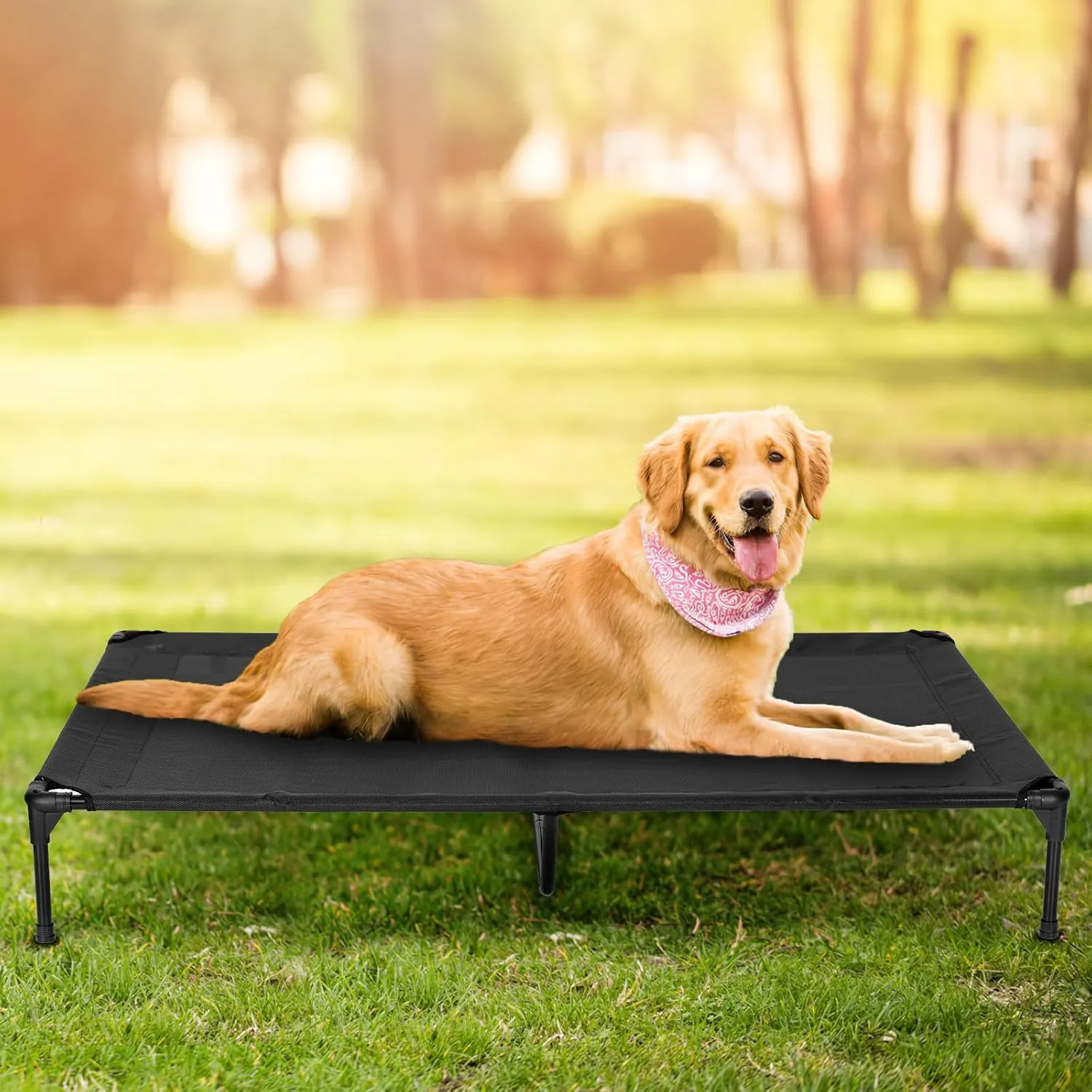 XL Elevated Cooling Outdoor Dog Bed - Raised Dog Cots Beds for Large Dogs, Portable Indoor & Outdoor Pet Hammock Bed with Skid-Resistant Feet, Frame with Breathable Mesh, Black, 49 inches