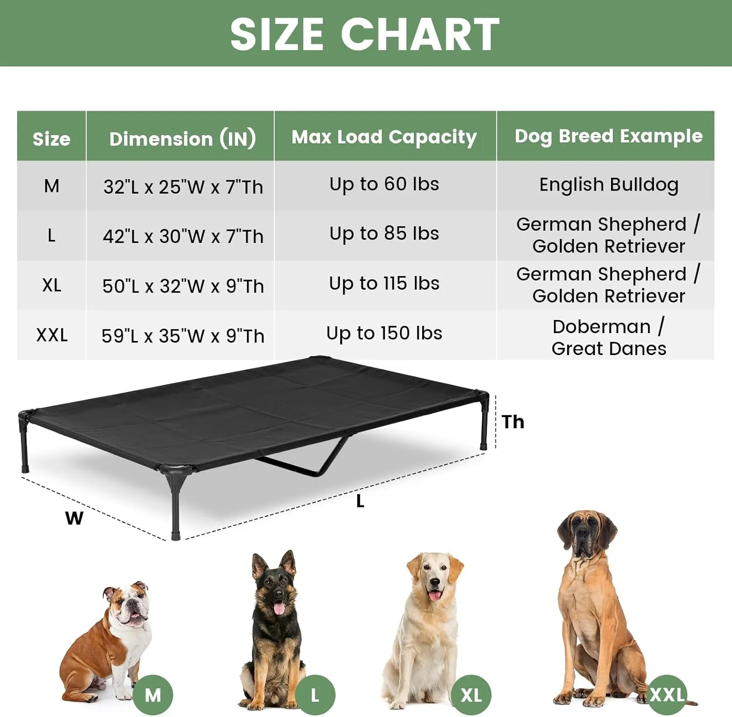 XL Elevated Cooling Outdoor Dog Bed - Raised Dog Cots Beds for Large Dogs, Portable Indoor & Outdoor Pet Hammock Bed with Skid-Resistant Feet, Frame with Breathable Mesh, Black, 49 inches