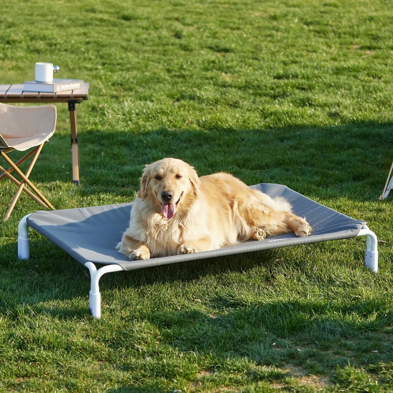 XL Elevated Dog Cot Bed Tool-Free Assembly - Outdoor Raised Dog Cooling Bed Frame for Large Pets, Summer Pet Hammock Off Ground with Non-Slip Feet & Waterproof Teslin Mesh, 48x33 Inch
