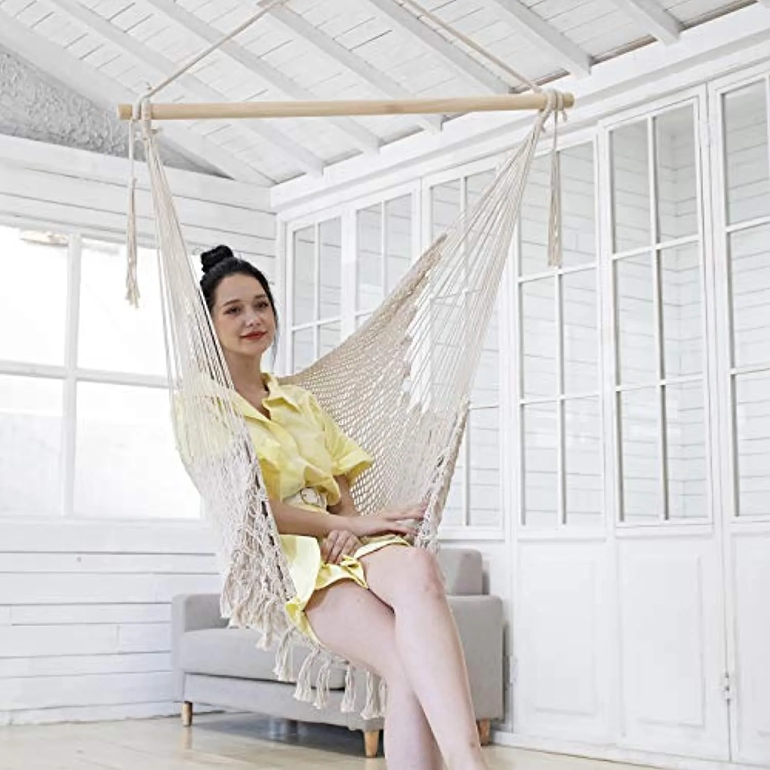 Y- STOP Hammock Chair Macrame Swing,Large Hanging Chair with Hardware Kits,Cotton Rope Swing Chair for Indoor,Outdoor Garden Yard (Grey)