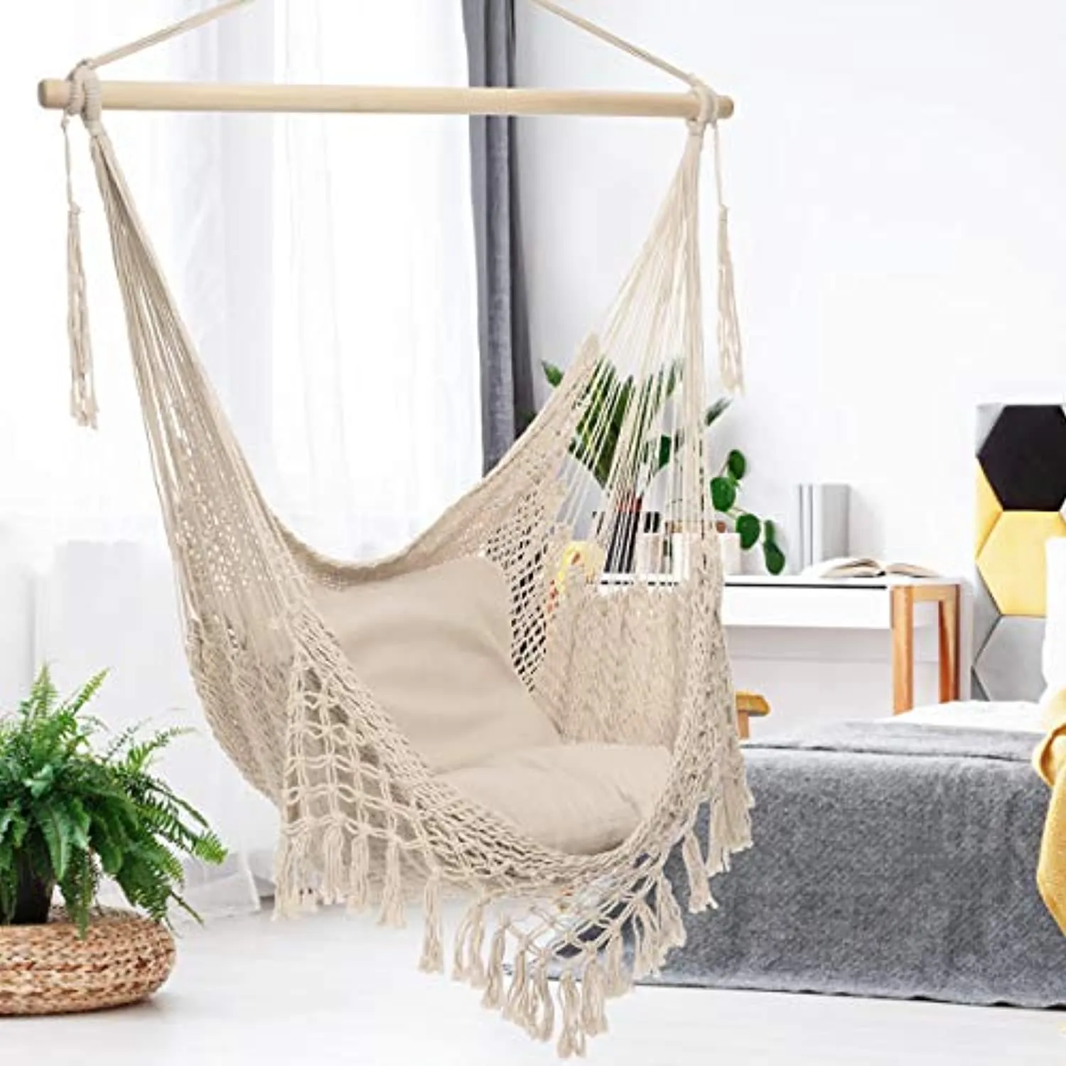 Y- STOP Hammock Chair Macrame Swing,Large Hanging Chair with Hardware Kits,Cotton Rope Swing Chair for Indoor,Outdoor Garden Yard (Grey)