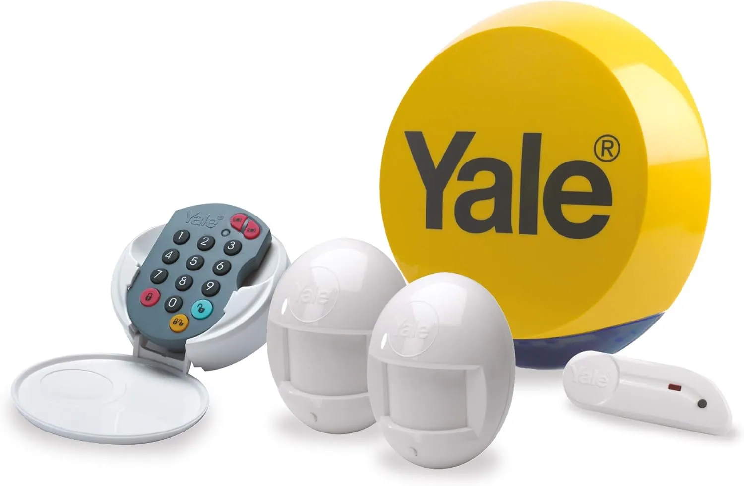 Yale YES-ALARMKIT Essentials Alarm Kit, Battery Powered, 5 Piece Kit, Self Monitored, No Contract, Wireless, PIR Movement Sensors, Door/Window Sensor External Siren, Keypad No Monitoring Fee