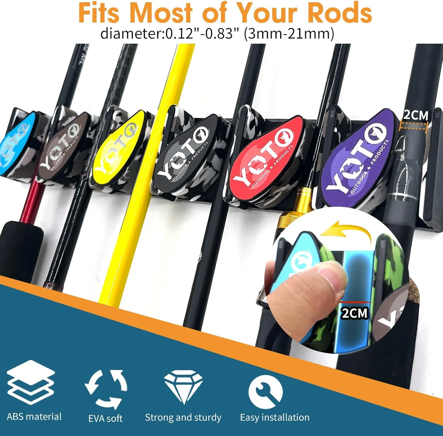 YOTO Vertical Fishing Rod Holders 2Pack, Wall Mounted Fishing Rod Rack with 2Pcs Portable Fishing Rod Fixed Ball, Holds up to 6 Rods or Combos, Fishing Pole Holders for Garage