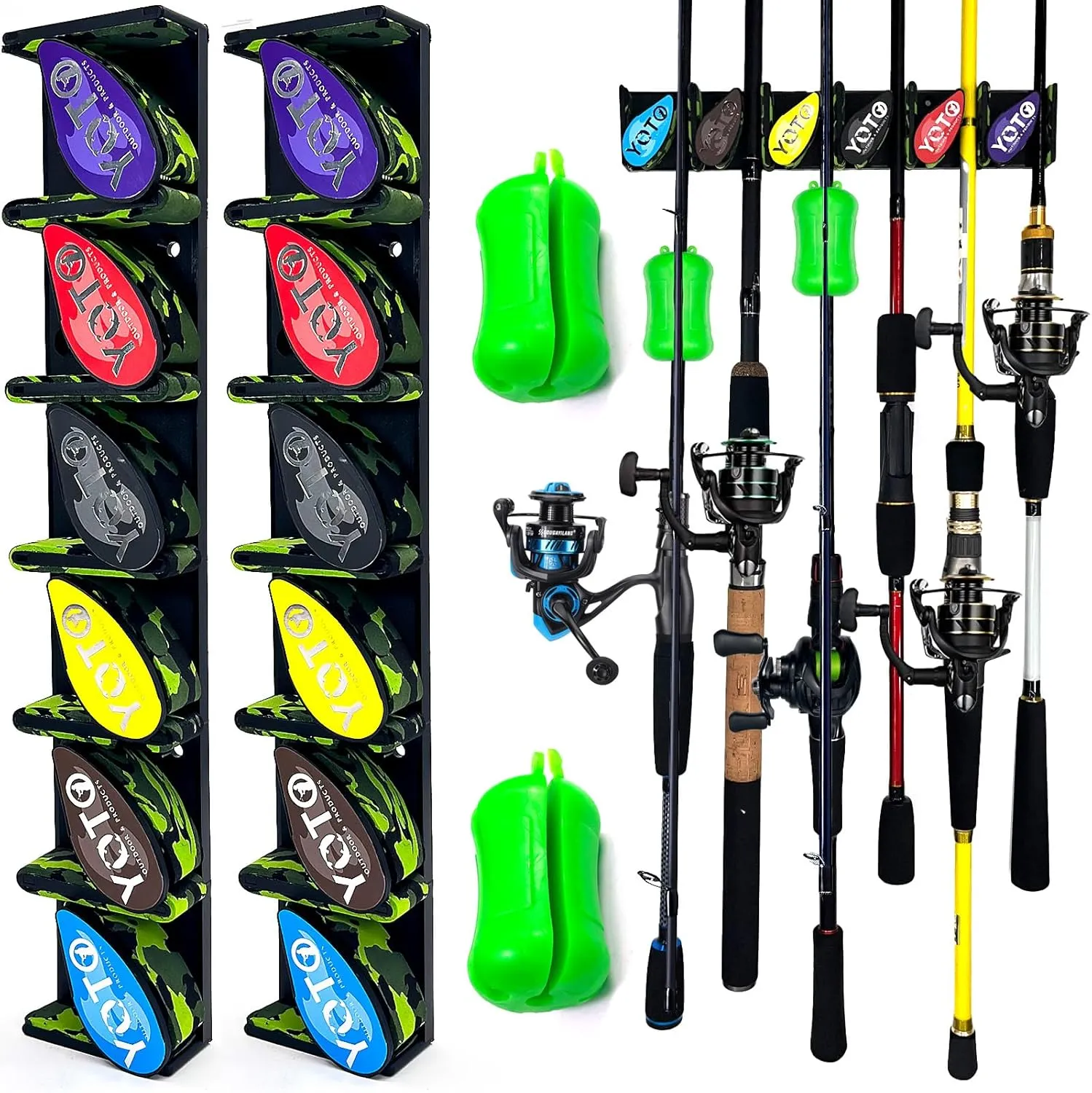 YOTO Vertical Fishing Rod Holders 2Pack, Wall Mounted Fishing Rod Rack with 2Pcs Portable Fishing Rod Fixed Ball, Holds up to 6 Rods or Combos, Fishing Pole Holders for Garage