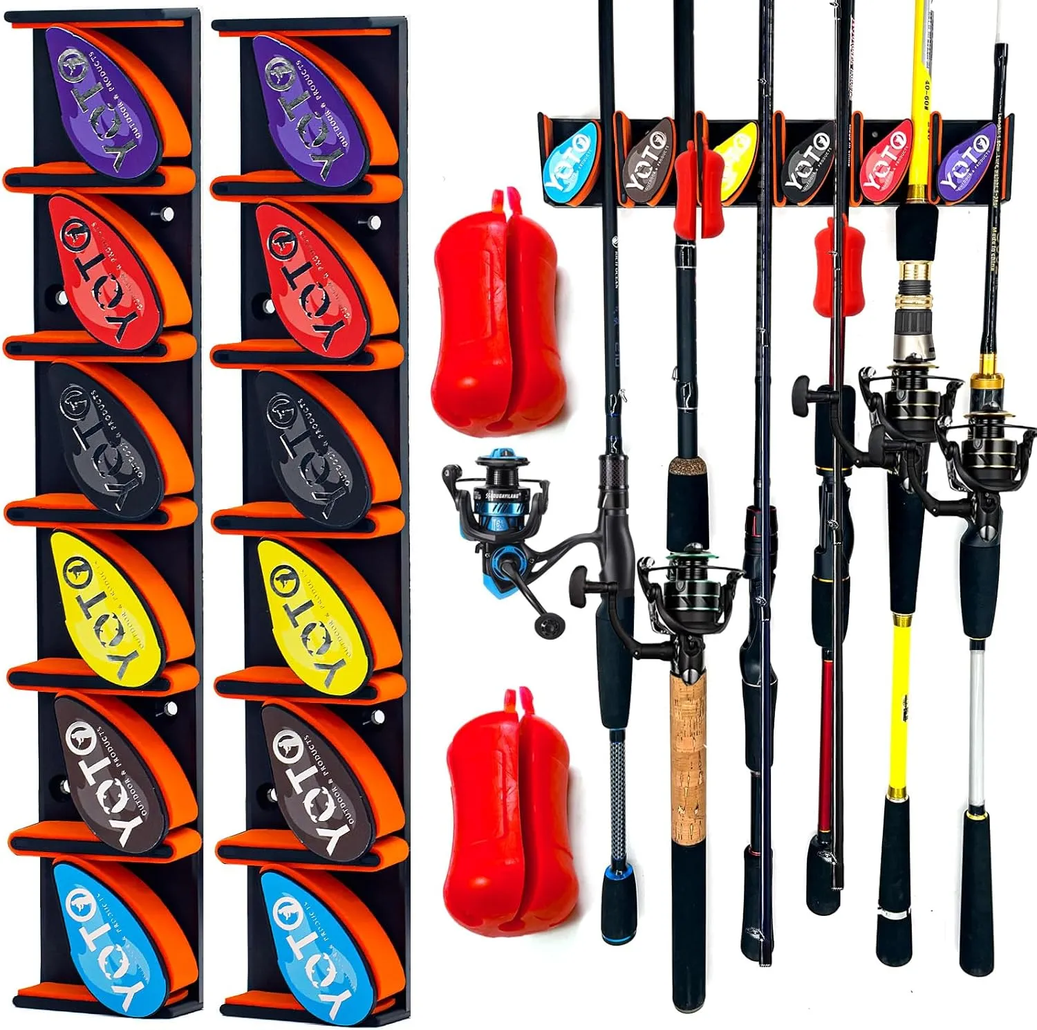 YOTO Vertical Fishing Rod Holders 2Pack, Wall Mounted Fishing Rod Rack with 2Pcs Portable Fishing Rod Fixed Ball, Holds up to 6 Rods or Combos, Fishing Pole Holders for Garage