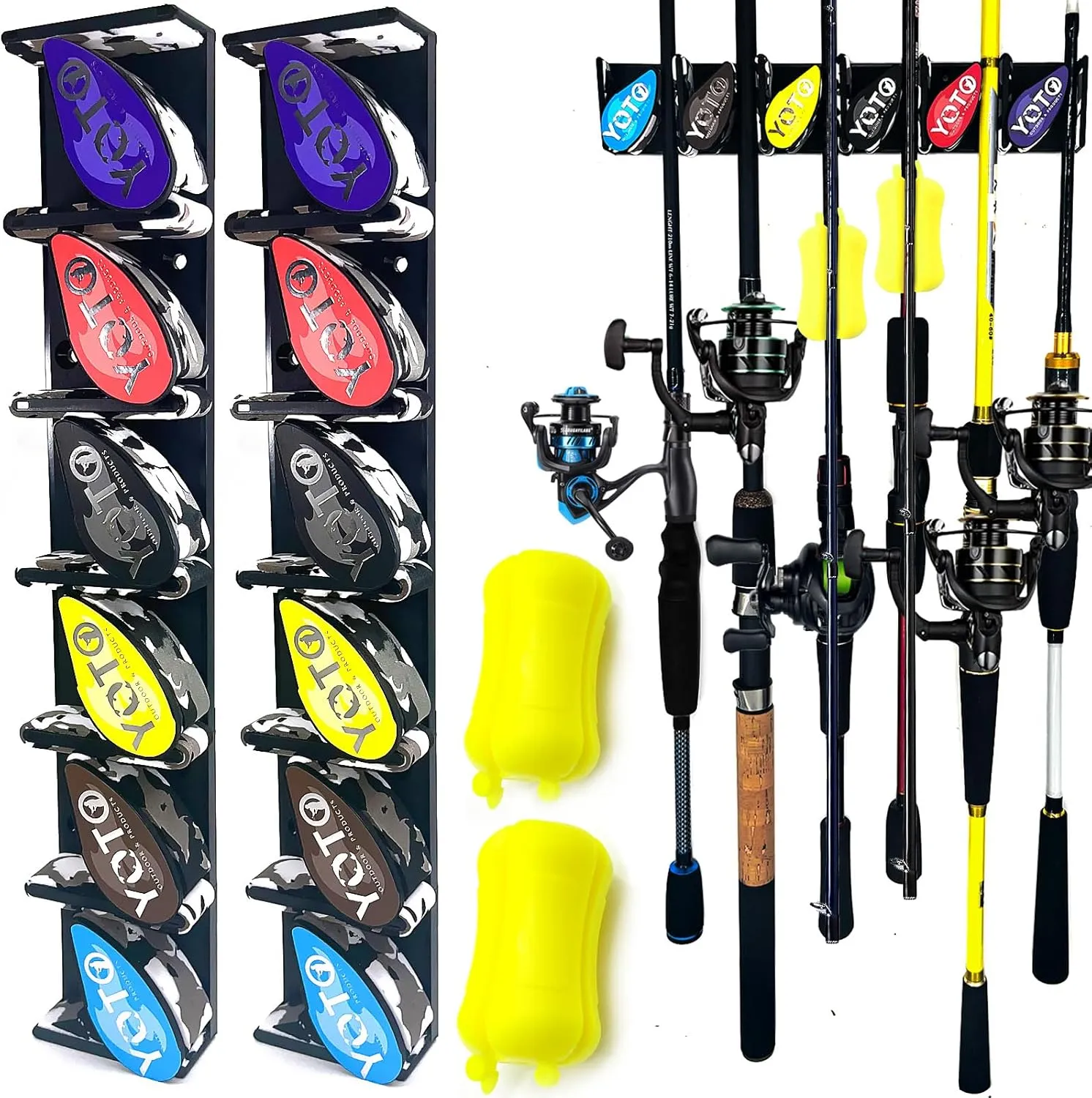 YOTO Vertical Fishing Rod Holders 2Pack, Wall Mounted Fishing Rod Rack with 2Pcs Portable Fishing Rod Fixed Ball, Holds up to 6 Rods or Combos, Fishing Pole Holders for Garage