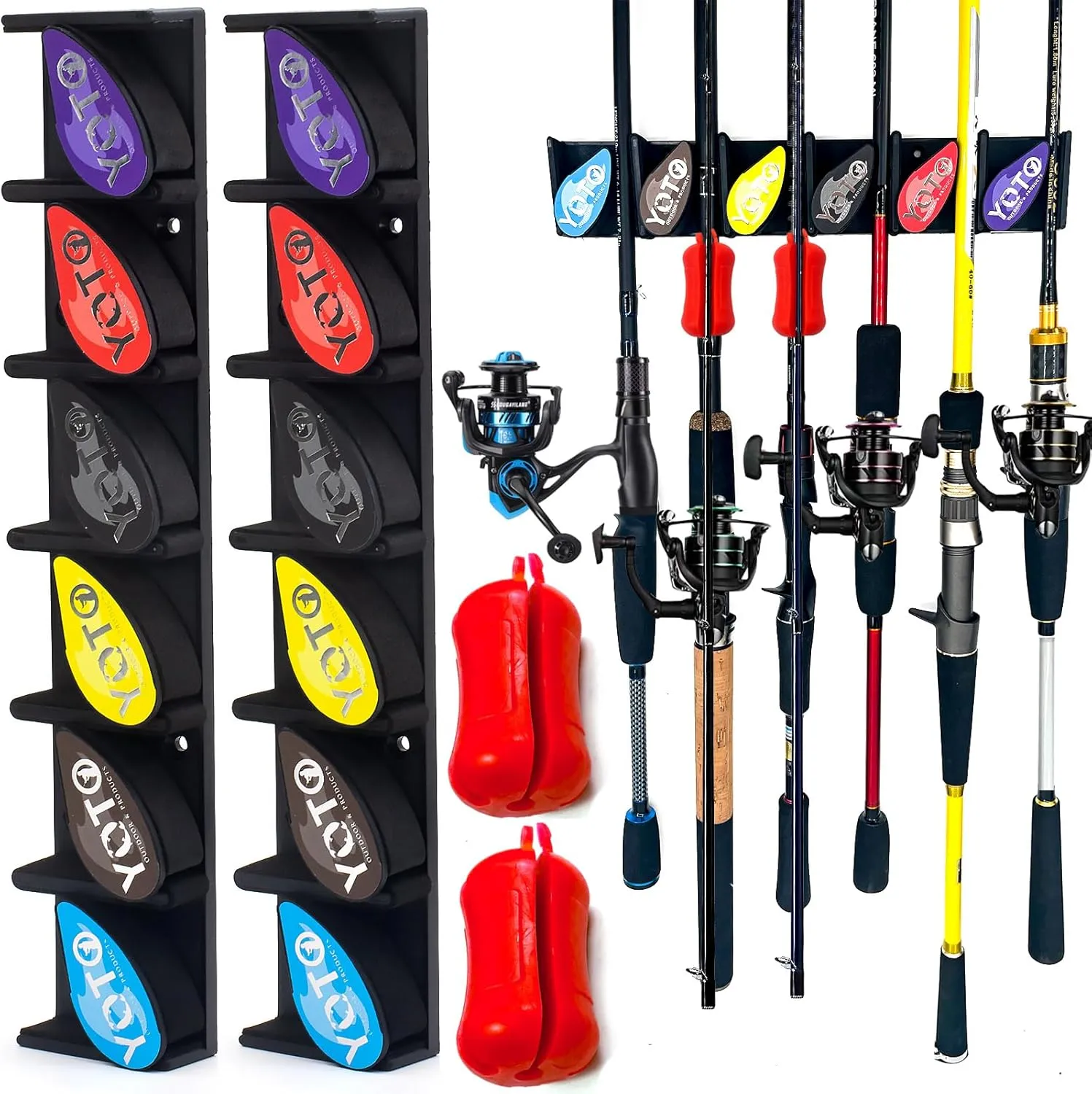 YOTO Vertical Fishing Rod Holders 2Pack, Wall Mounted Fishing Rod Rack with 2Pcs Portable Fishing Rod Fixed Ball, Holds up to 6 Rods or Combos, Fishing Pole Holders for Garage