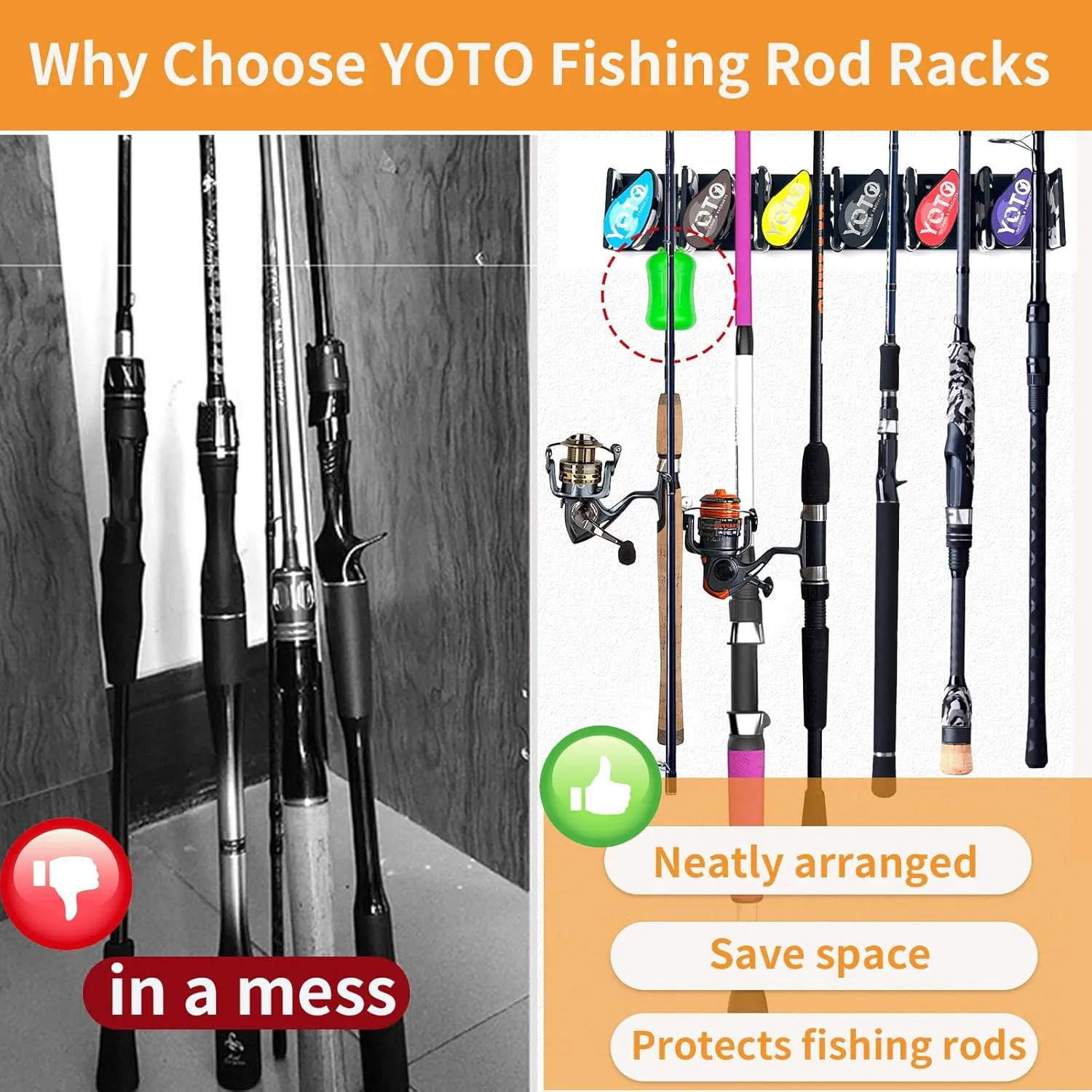 YOTO Vertical Fishing Rod Holders 2Pack, Wall Mounted Fishing Rod Rack with 2Pcs Portable Fishing Rod Fixed Ball, Holds up to 6 Rods or Combos, Fishing Pole Holders for Garage