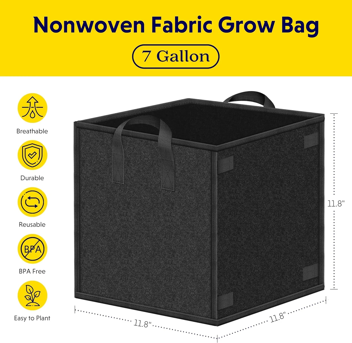 YSSOA Square Grow Bags 5 Pack 7 Gallon Heavy Duty, Thick Nonwoven Fabric Pots Cubic with Handles and Plant Stake Loops, Aeration Reusable for Garden Growing Fruits, Vegetables and Flowers, Black