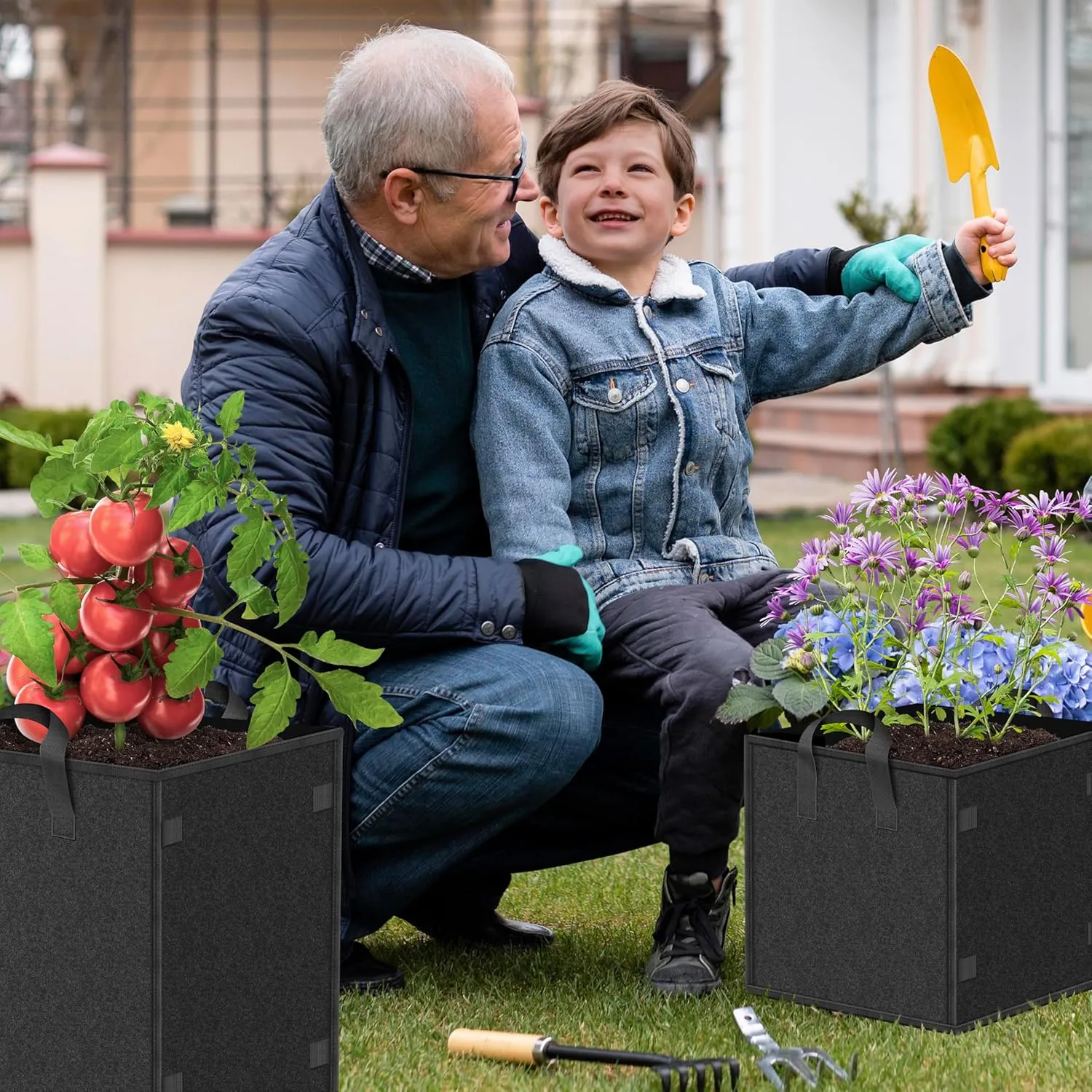 YSSOA Square Grow Bags 5 Pack 7 Gallon Heavy Duty, Thick Nonwoven Fabric Pots Cubic with Handles and Plant Stake Loops, Aeration Reusable for Garden Growing Fruits, Vegetables and Flowers, Black