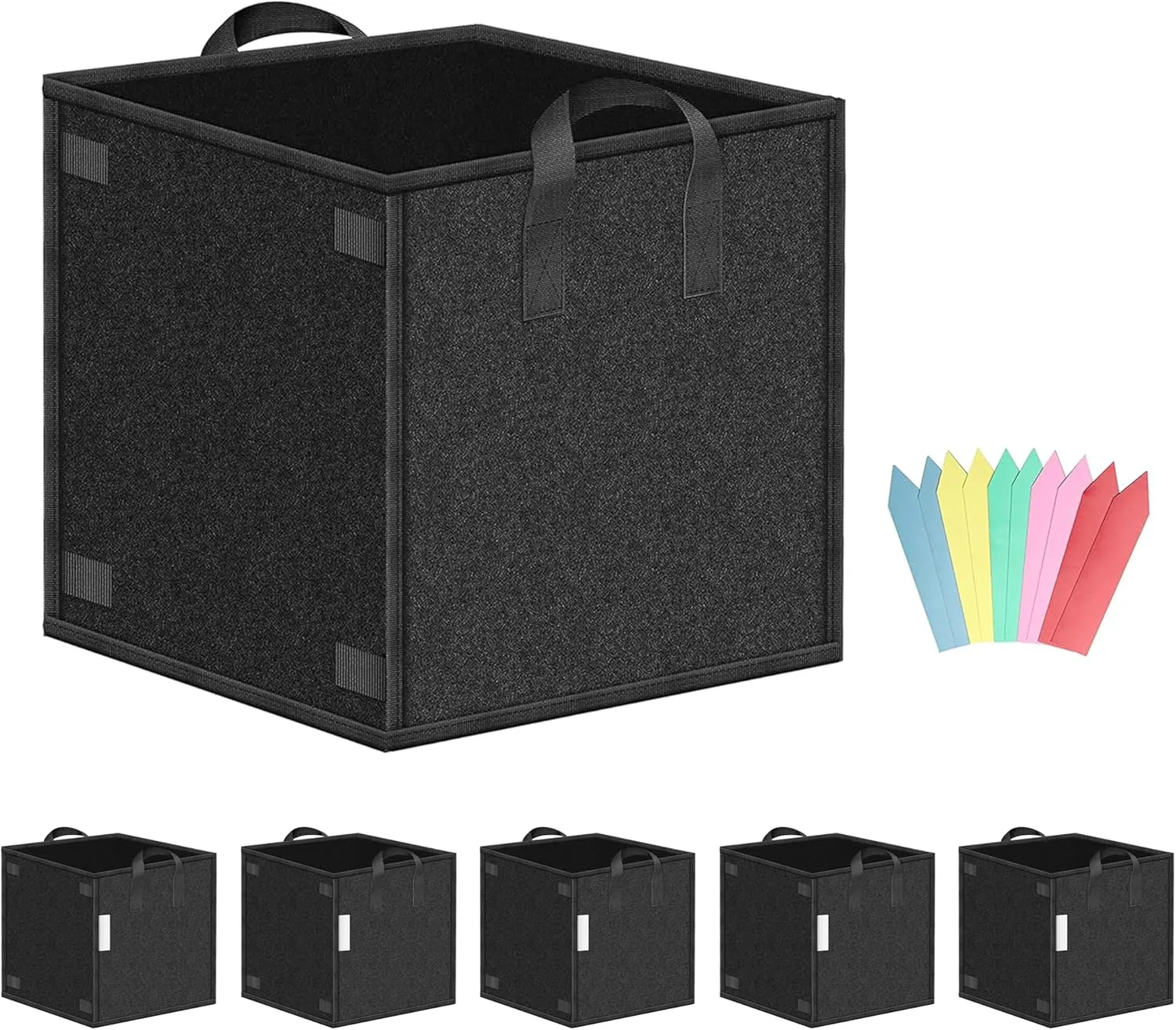 YSSOA Square Grow Bags 5 Pack 7 Gallon Heavy Duty, Thick Nonwoven Fabric Pots Cubic with Handles and Plant Stake Loops, Aeration Reusable for Garden Growing Fruits, Vegetables and Flowers, Black
