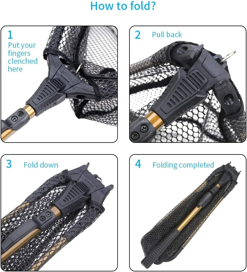 YVLEEN Folding Fishing Net - Foldable Fish Landing Net Robust Aluminum Telescopic Pole Handle and Nylon Mesh 16inch Hoop Size