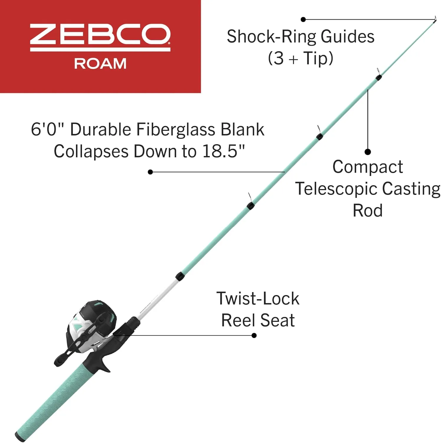 Zebco Roam Spincast Reel and Fishing Rod Combo, 6-Foot 2-Piece Fiberglass Fishing Pole with ComfortGrip Handle