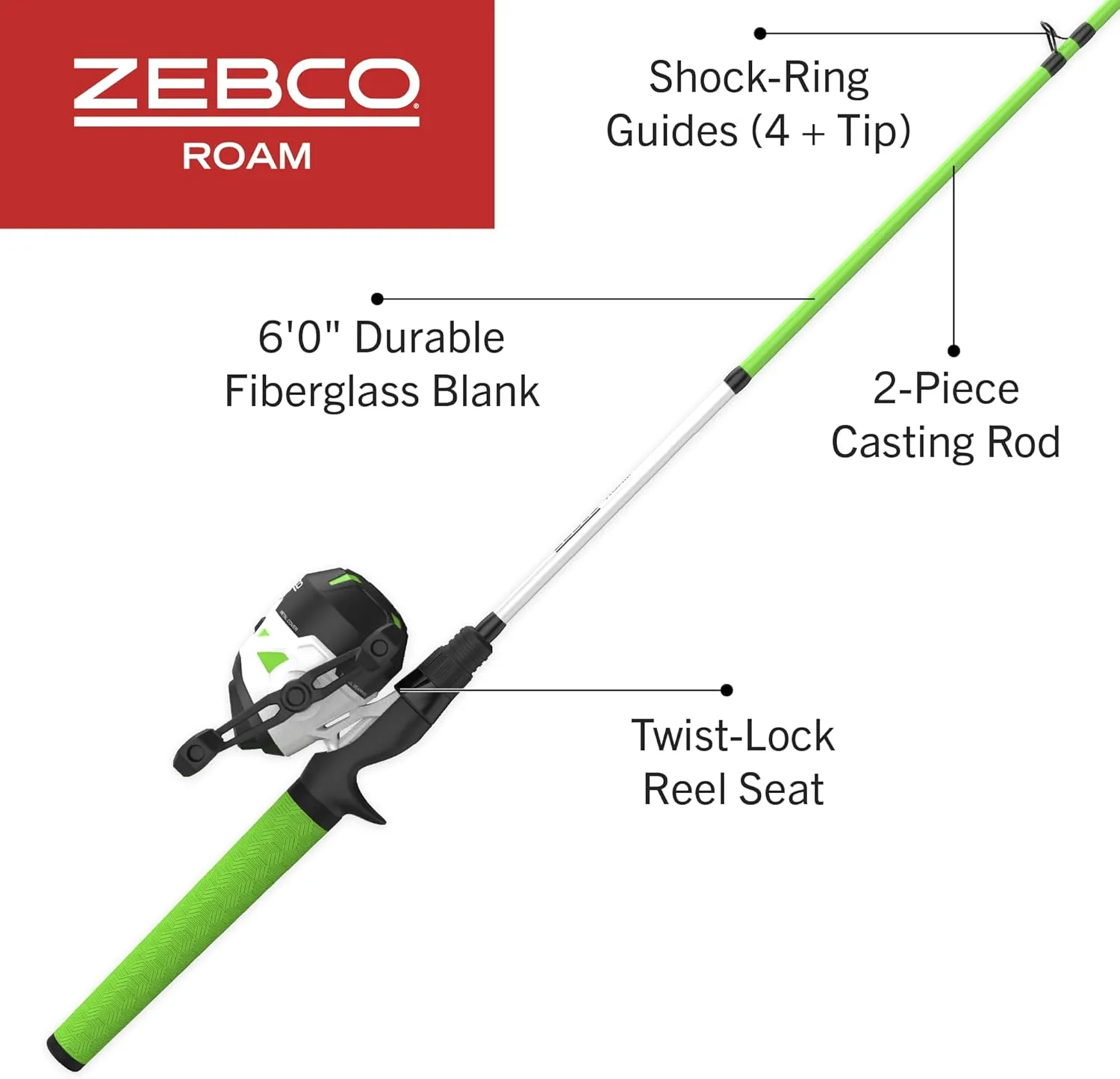 Zebco Roam Spincast Reel and Fishing Rod Combo, 6-Foot 2-Piece Fiberglass Fishing Pole with ComfortGrip Handle