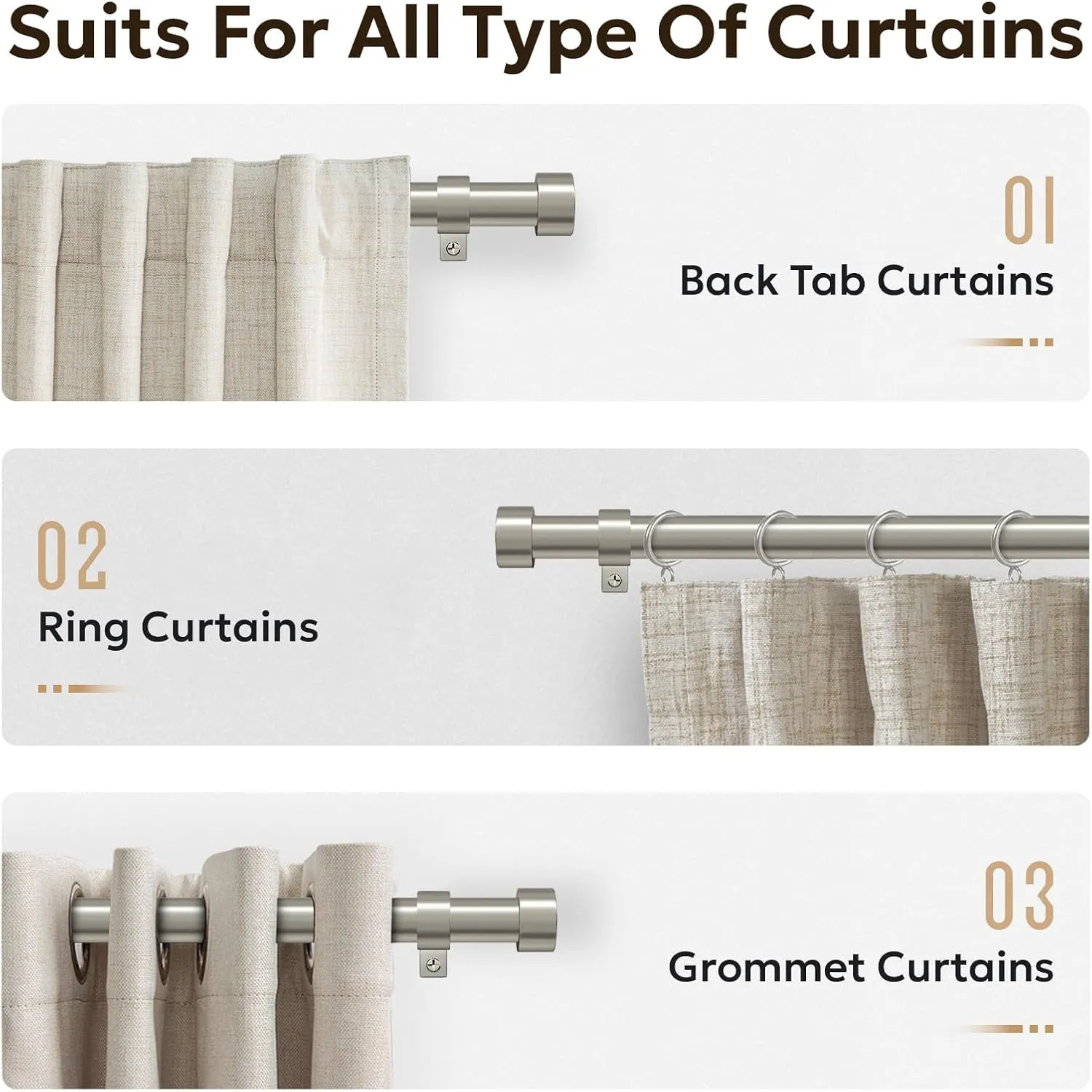 Zeerobee Curtain Rods for Windows 48 to 84, Brushed Nickel Curtain Rod, Adjustable 1 Inch Heavy Duty Outdoor/Indoor Modern Drapery Pole, 32"-86"