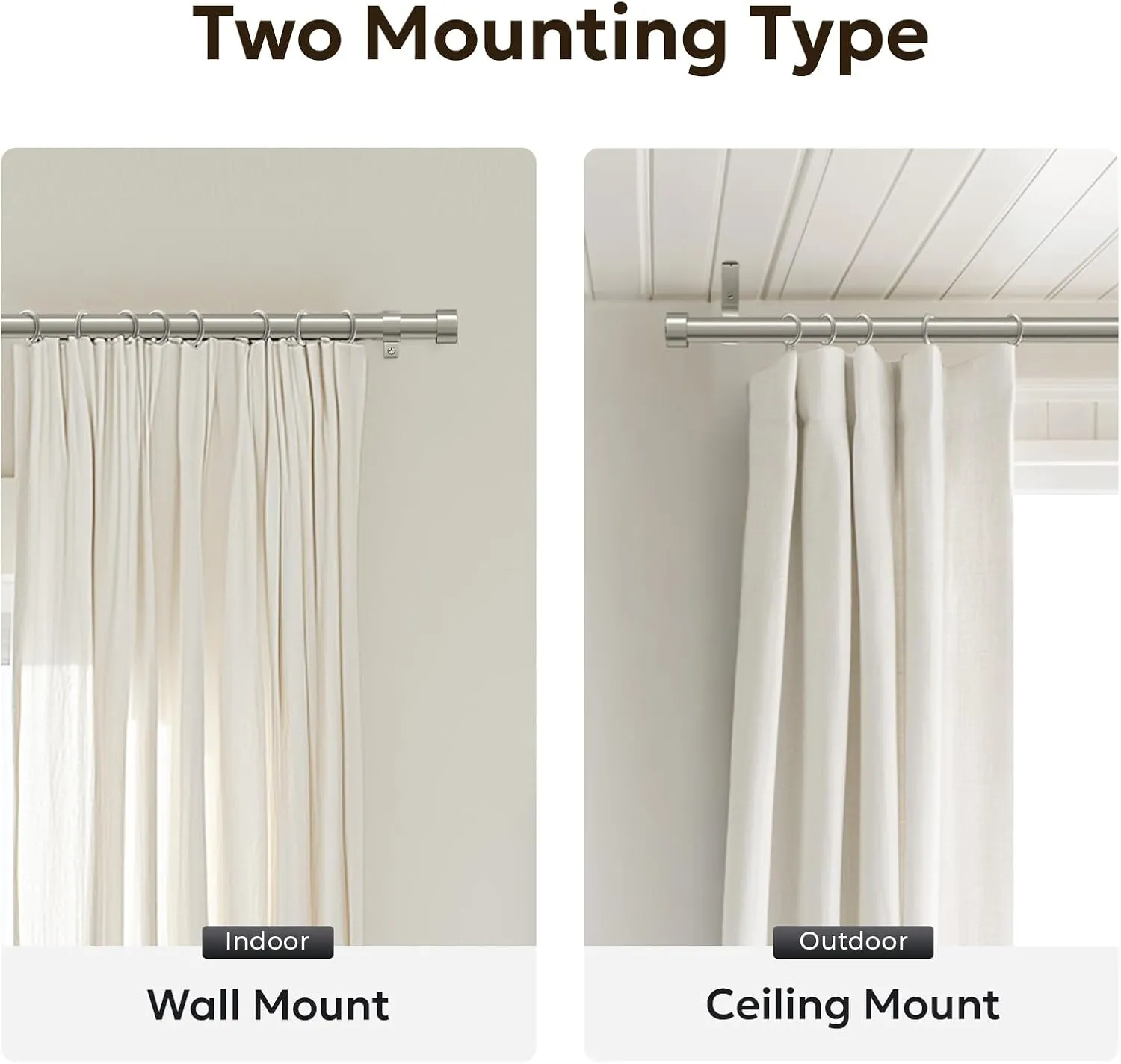 Zeerobee Curtain Rods for Windows 48 to 84, Brushed Nickel Curtain Rod, Adjustable 1 Inch Heavy Duty Outdoor/Indoor Modern Drapery Pole, 32"-86"