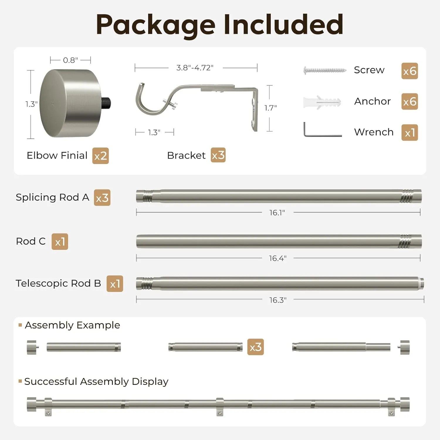 Zeerobee Curtain Rods for Windows 48 to 84, Brushed Nickel Curtain Rod, Adjustable 1 Inch Heavy Duty Outdoor/Indoor Modern Drapery Pole, 32"-86"