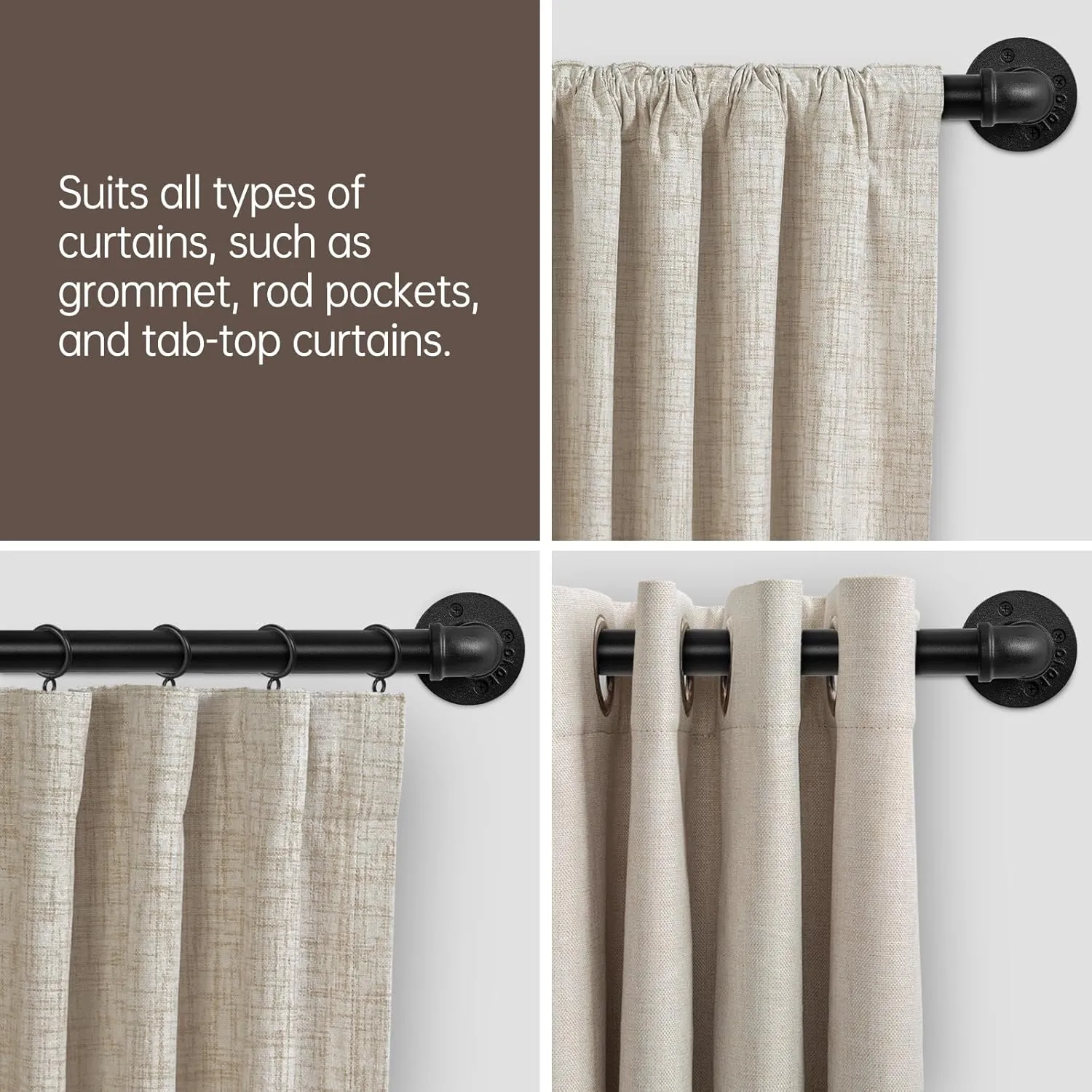 Zeerobee Curtain Rods for Windows 66 to 120, 1 Inch Industrial Wrap Around Black Curtain Rod, Indoor/Outdoor Room Divider Adjustable Drapery Pole, 66"-120"