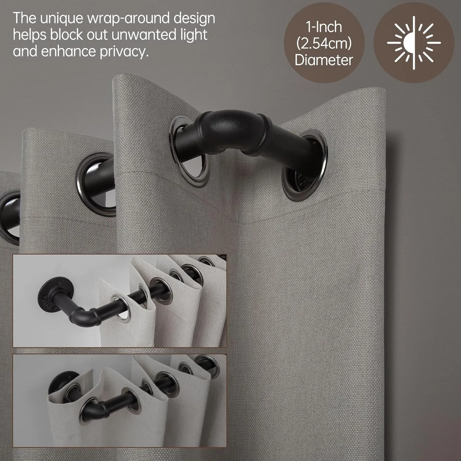 Zeerobee Curtain Rods for Windows 66 to 120, 1 Inch Industrial Wrap Around Black Curtain Rod, Indoor/Outdoor Room Divider Adjustable Drapery Pole, 66"-120"