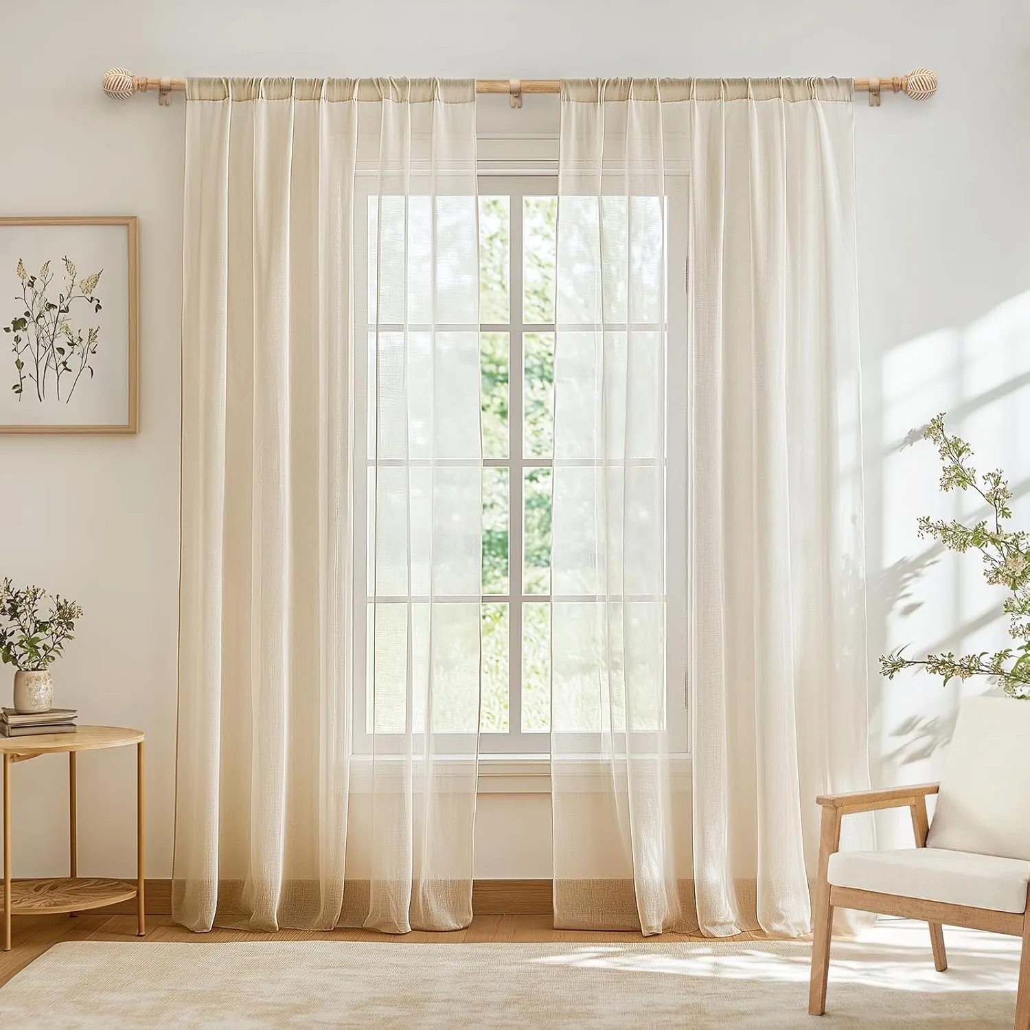 Zeerobee Wood Curtain Rods for Windows 48 to 84, 1 Inch Heavy Duty Drapery Rods with Imitation Wood Grain Leaf Pattern Finials, Indoor/Outdoor Modern Curtain Pole, 32"-86", Brown