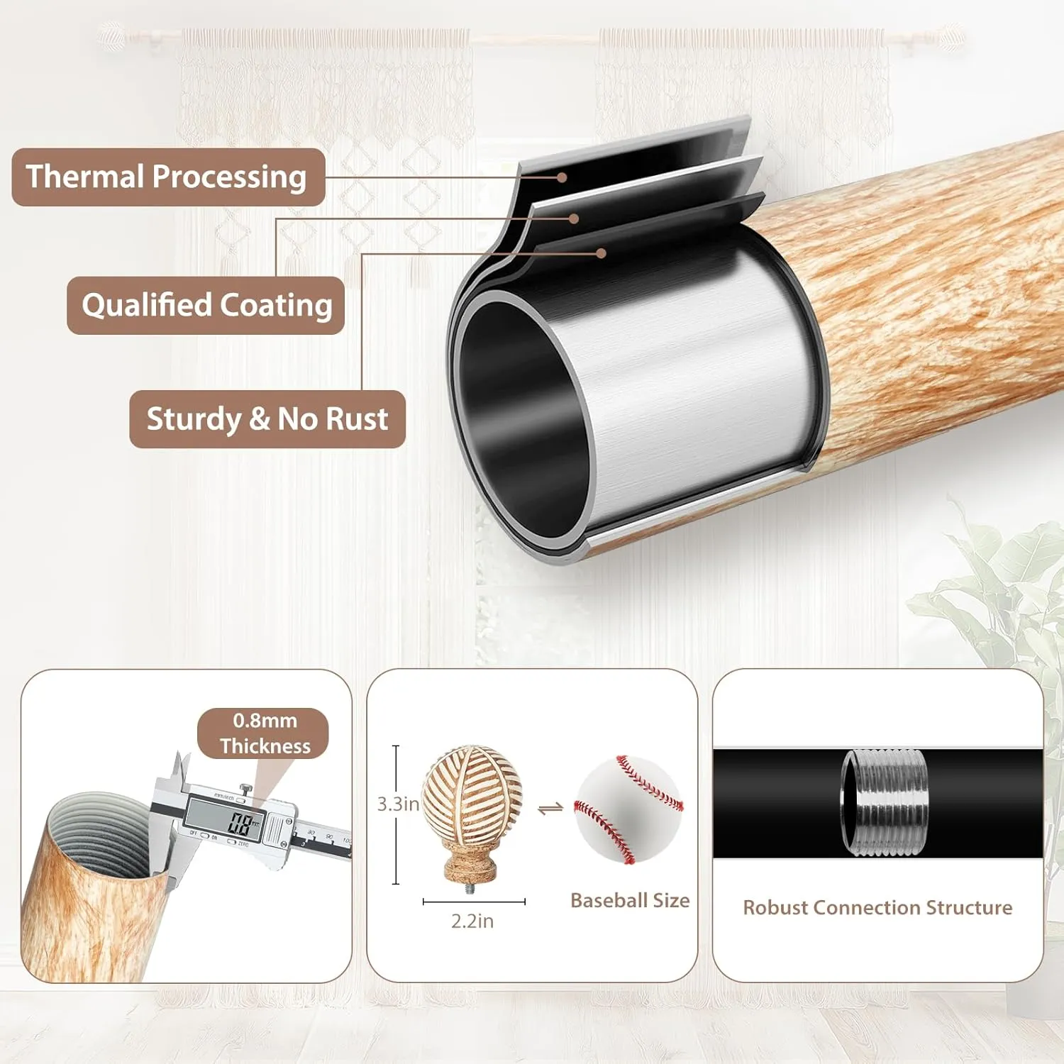 Zeerobee Wood Curtain Rods for Windows 48 to 84, 1 Inch Heavy Duty Drapery Rods with Imitation Wood Grain Leaf Pattern Finials, Indoor/Outdoor Modern Curtain Pole, 32"-86", Brown