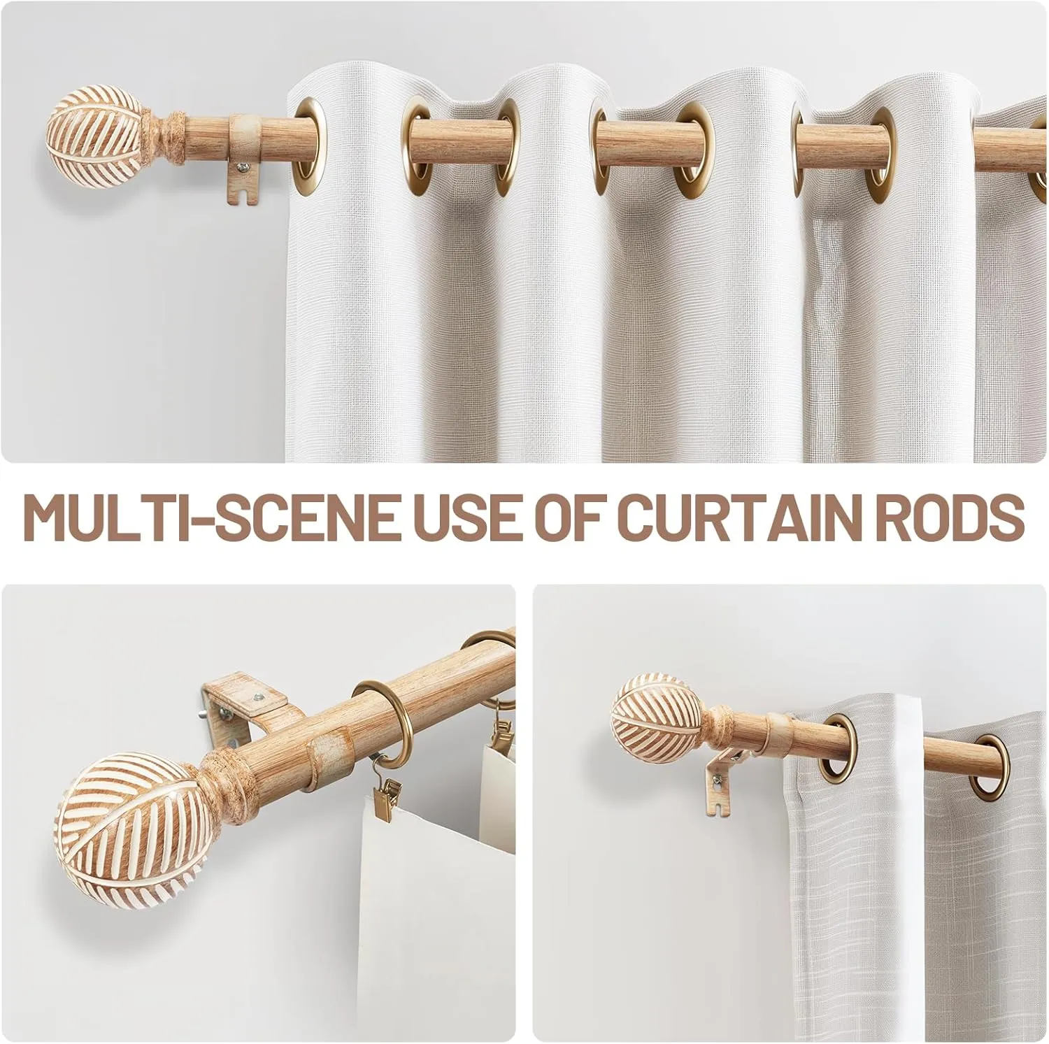 Zeerobee Wood Curtain Rods for Windows 48 to 84, 1 Inch Heavy Duty Drapery Rods with Imitation Wood Grain Leaf Pattern Finials, Indoor/Outdoor Modern Curtain Pole, 32"-86", Brown