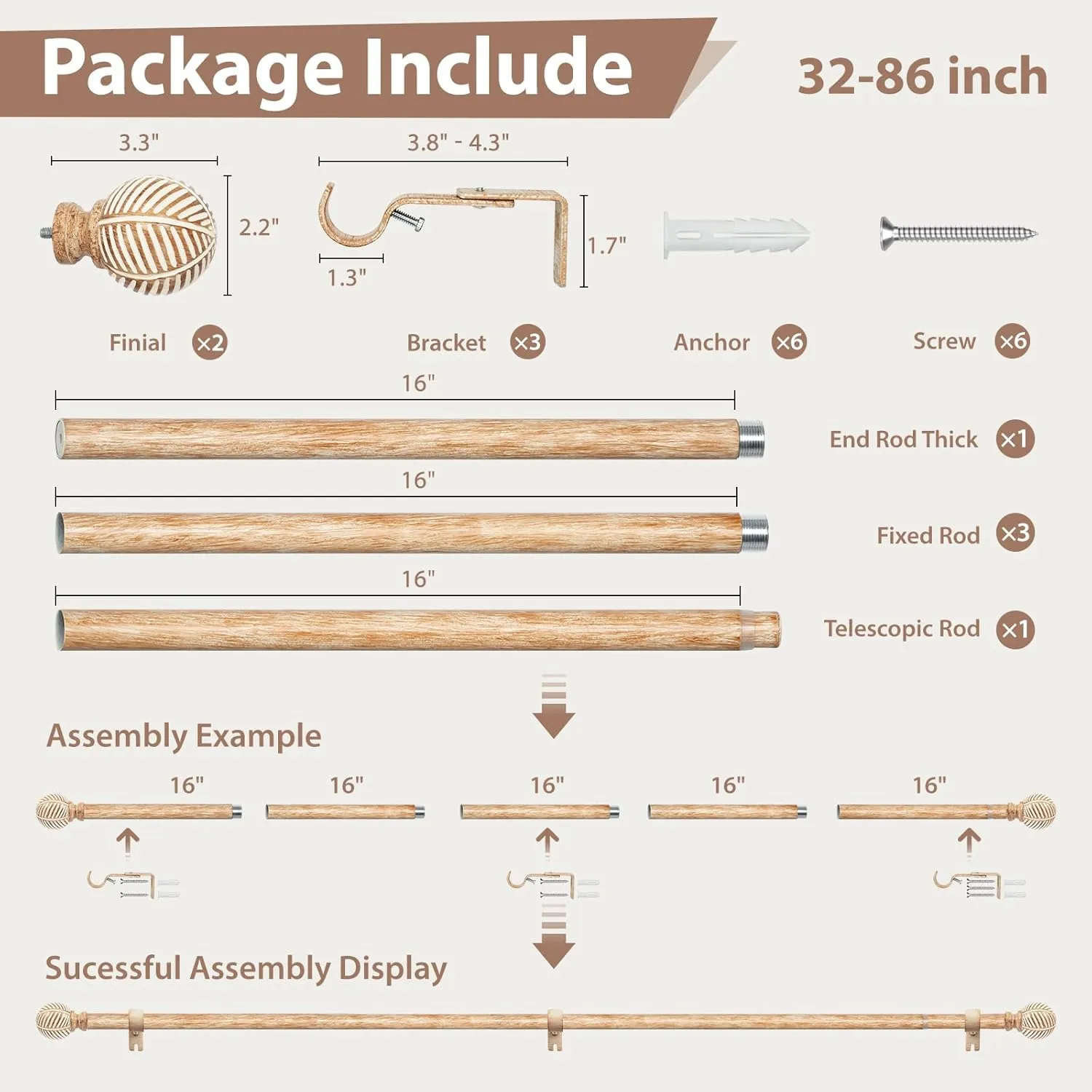 Zeerobee Wood Curtain Rods for Windows 48 to 84, 1 Inch Heavy Duty Drapery Rods with Imitation Wood Grain Leaf Pattern Finials, Indoor/Outdoor Modern Curtain Pole, 32"-86", Brown