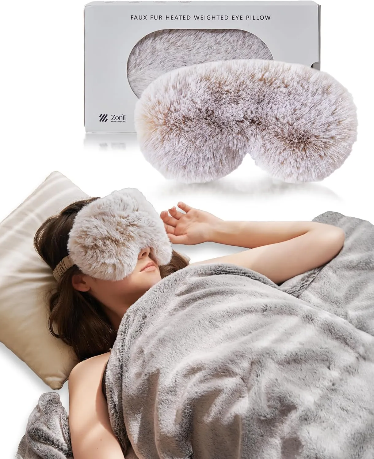 ZonLi Sleep Mask, Weighted Eye Mask for Sleeping, Faux Fur Eye Pillow with Hot/Cold Pack, Skin-Friendly Inner for Sleep and Travel, Night Blindfold for Men and Women,Beige
