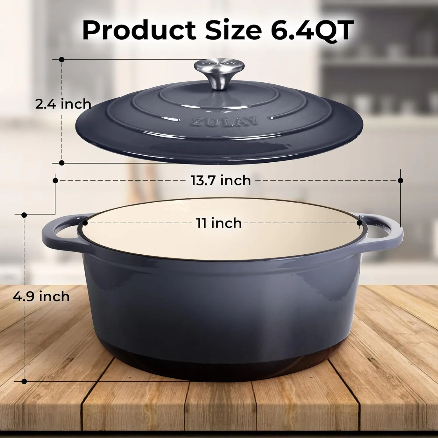 Zulay Kitchen 6 Quart Enameled Cast Iron Dutch Oven with Lid – Premium Durability & Oven Safe up to 500°F – Heavy Duty Cookware Perfect for Bread Baking, Stews, Braising & Roasting – Grey