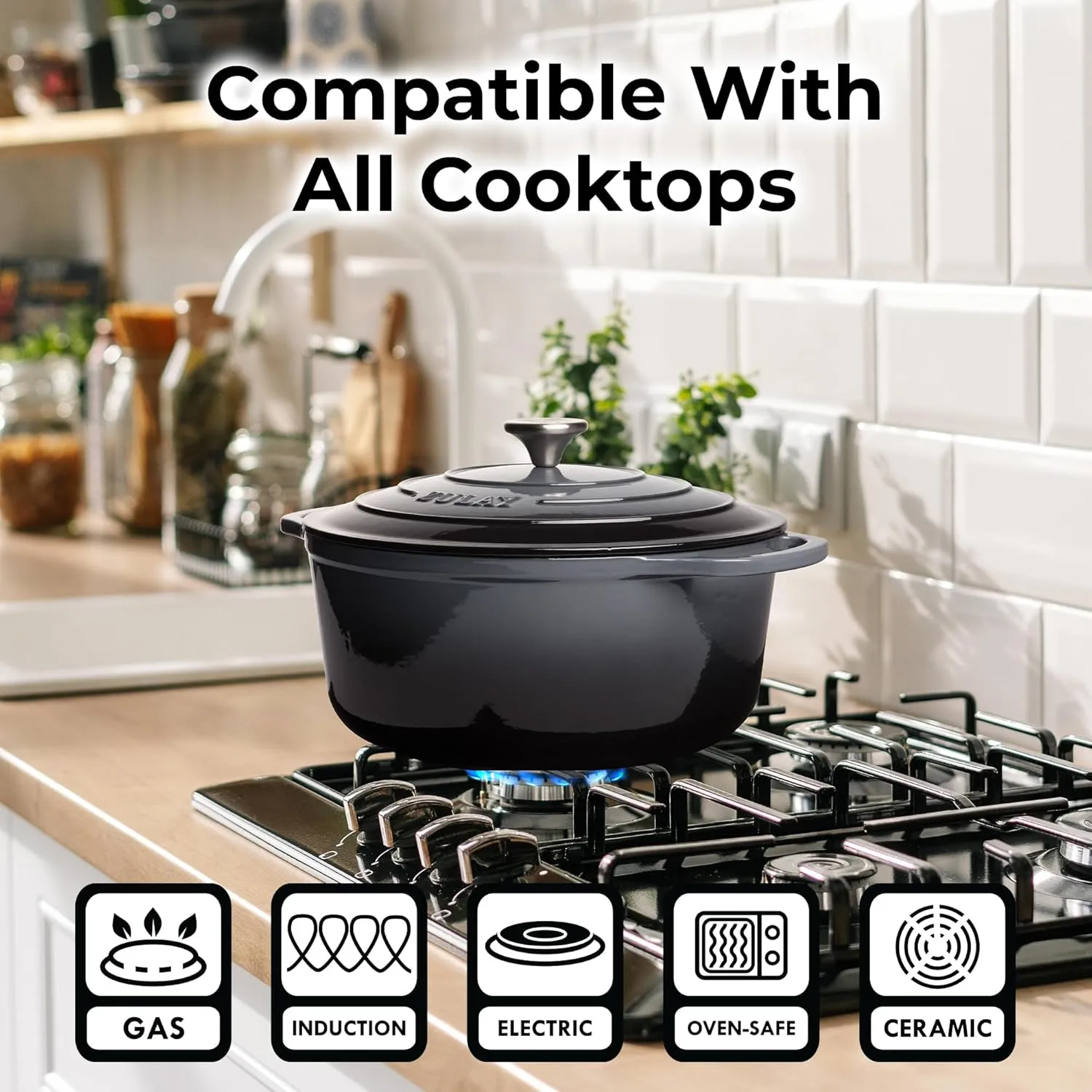 Zulay Kitchen 6 Quart Enameled Cast Iron Dutch Oven with Lid – Premium Durability & Oven Safe up to 500°F – Heavy Duty Cookware Perfect for Bread Baking, Stews, Braising & Roasting – Grey