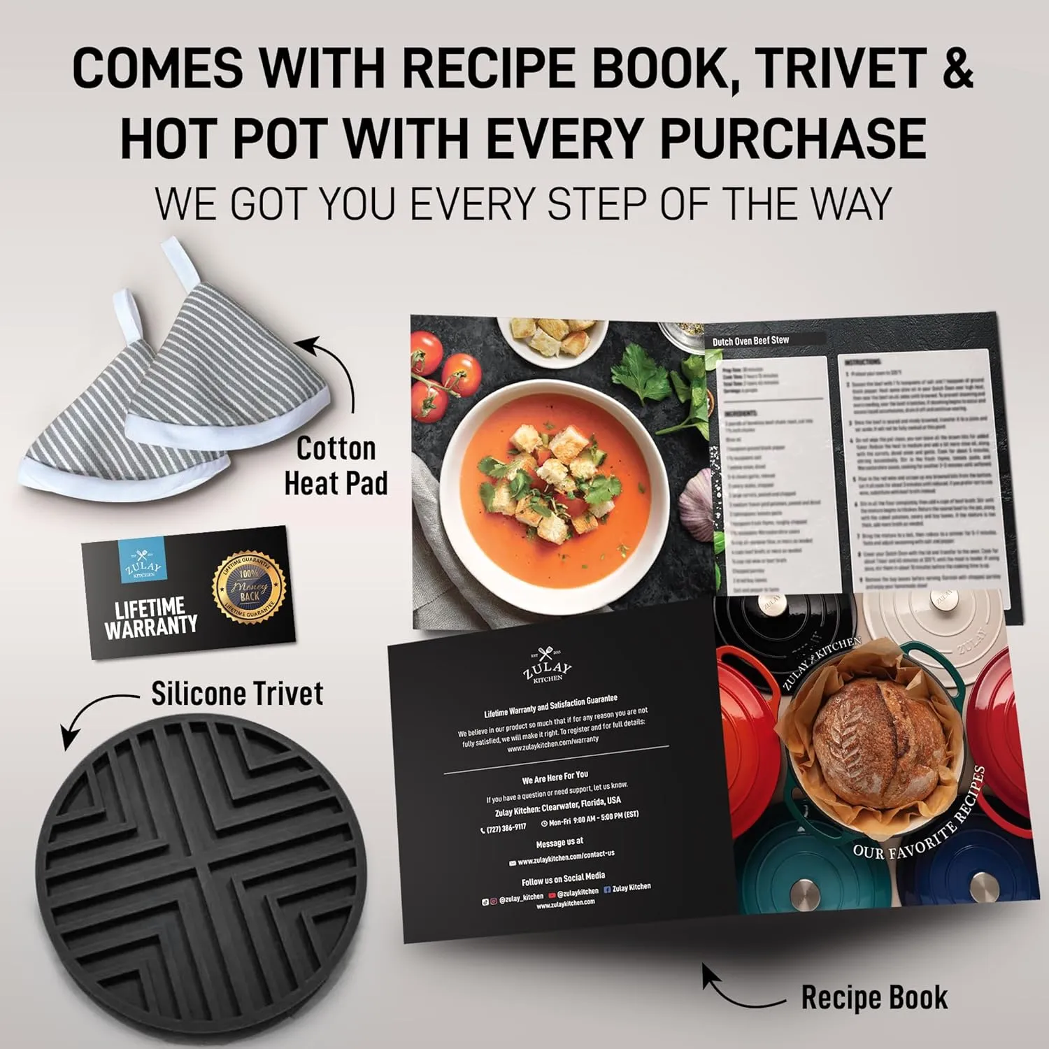 Zulay Kitchen 6 Quart Enameled Cast Iron Dutch Oven with Lid – Premium Durability & Oven Safe up to 500°F – Heavy Duty Cookware Perfect for Bread Baking, Stews, Braising & Roasting – Grey