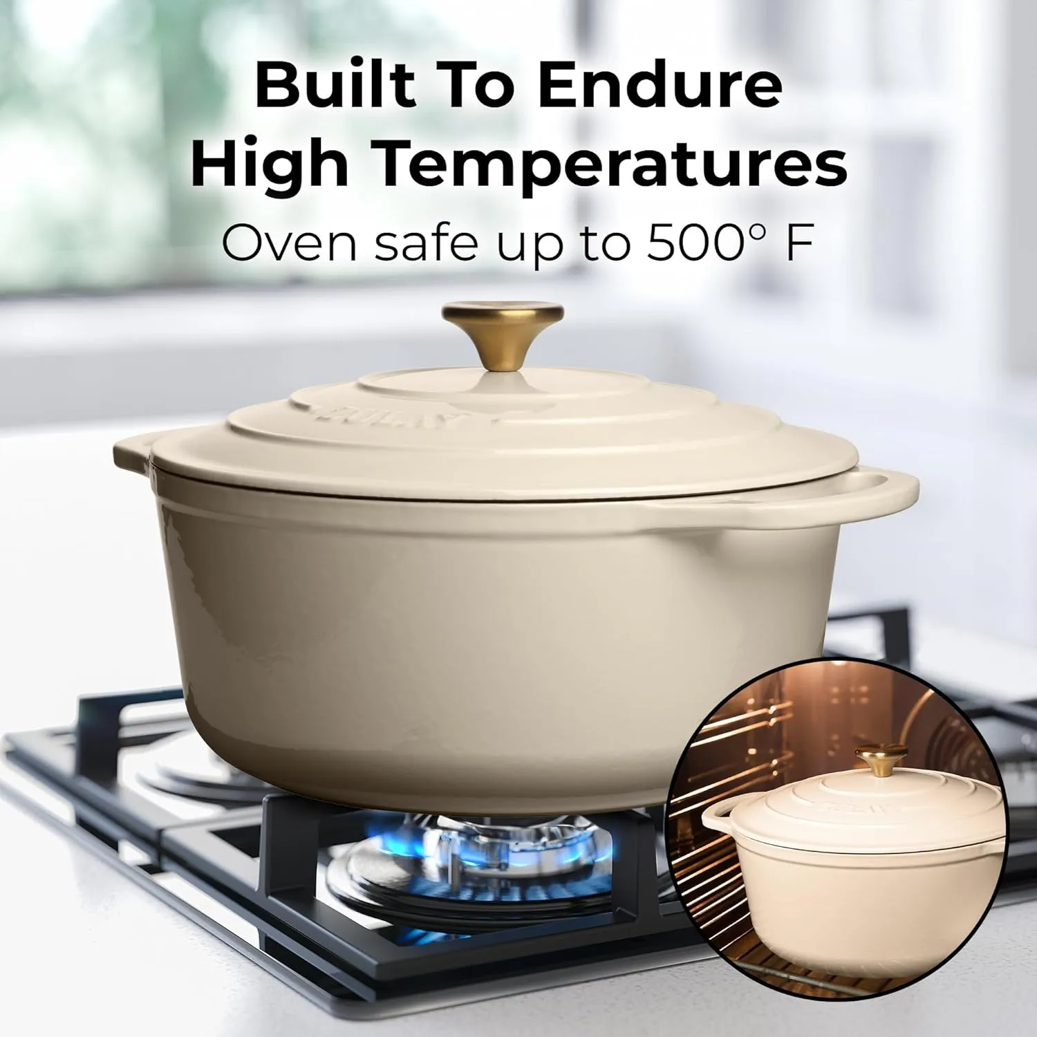 Zulay Kitchen 6 Quart Enameled Cast Iron Dutch Oven with Lid – Premium Durability & Oven Safe up to 500°F – Heavy Duty Cookware Perfect for Bread Baking, Stews, Braising & Roasting – Ivory
