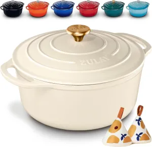 Zulay Kitchen 6 Quart Enameled Cast Iron Dutch Oven with Lid – Premium Durability & Oven Safe up to 500°F – Heavy Duty Cookware Perfect for Bread Baking, Stews, Braising & Roasting – Ivory