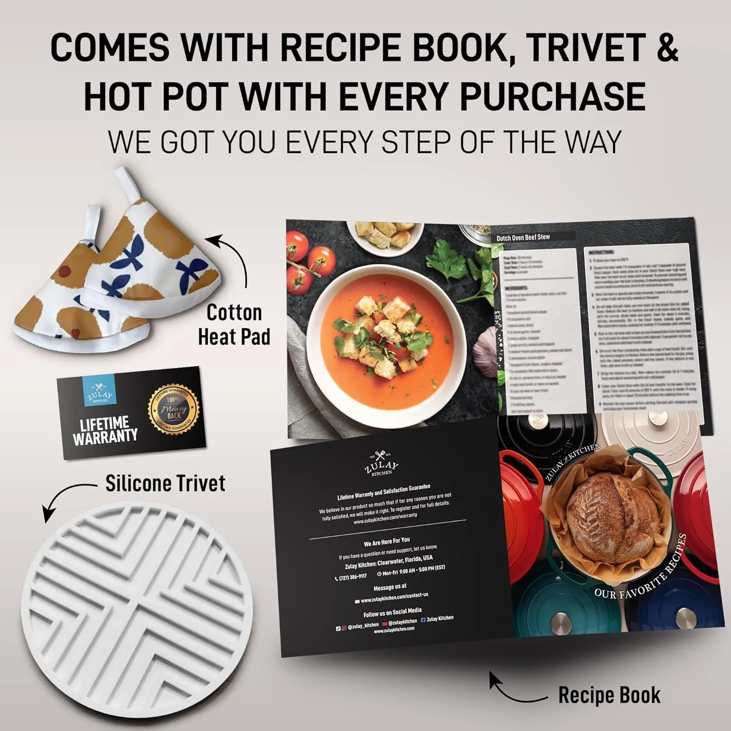 Zulay Kitchen 6 Quart Enameled Cast Iron Dutch Oven with Lid – Premium Durability & Oven Safe up to 500°F – Heavy Duty Cookware Perfect for Bread Baking, Stews, Braising & Roasting – Ivory