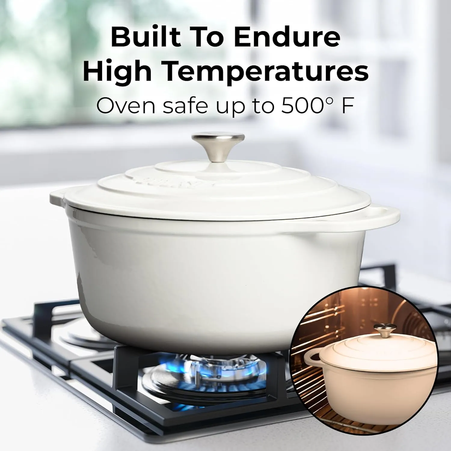 Zulay Kitchen 6 Quart Enameled Cast Iron Dutch Oven with Lid – Premium Durability & Oven Safe up to 500°F – Heavy Duty Cookware Perfect for Bread Baking, Stews, Braising & Roasting – Pearl White