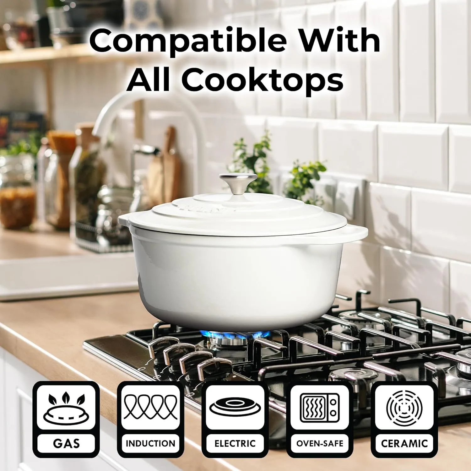 Zulay Kitchen 6 Quart Enameled Cast Iron Dutch Oven with Lid – Premium Durability & Oven Safe up to 500°F – Heavy Duty Cookware Perfect for Bread Baking, Stews, Braising & Roasting – Pearl White